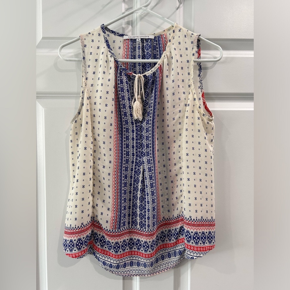 Collective Concepts Patriotic Red White Blue Sleeveless Blouse Sz S Bandana‎